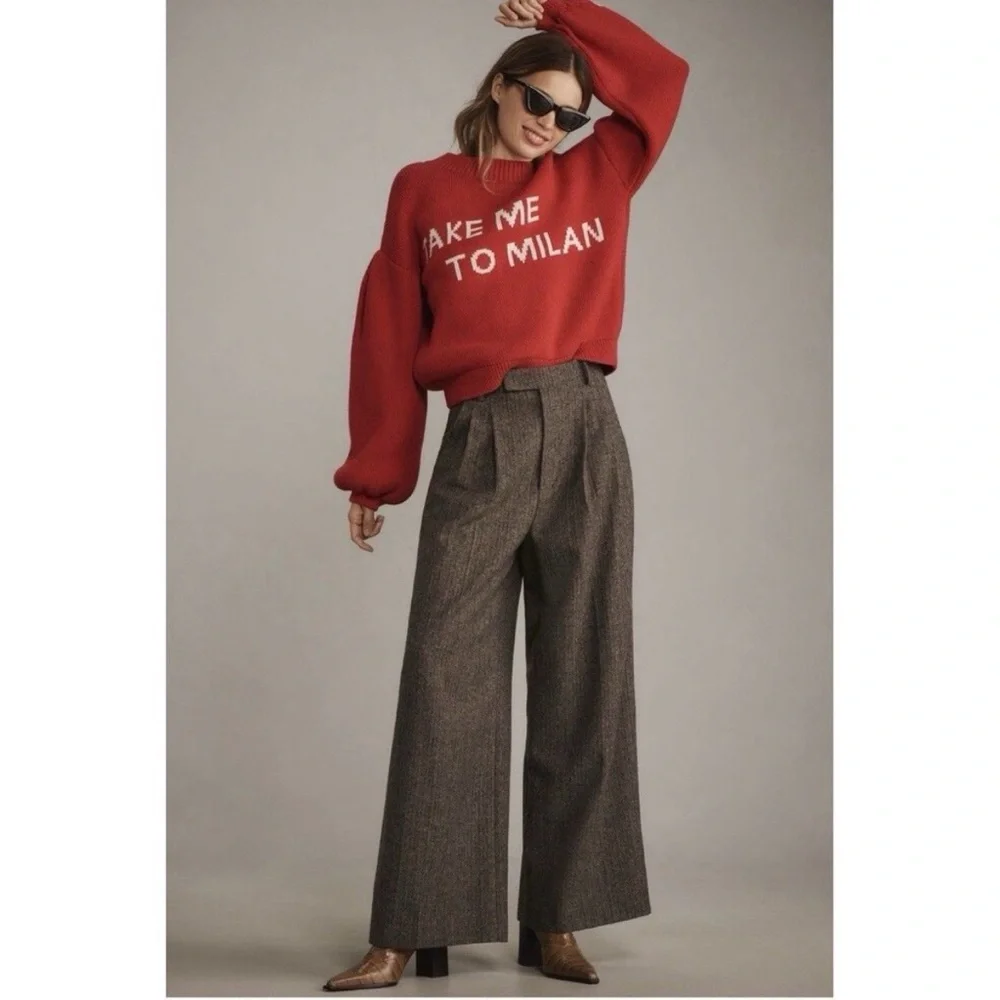 Anthropologie Maeve Graphic ‘Take Me To Milan’ Red Cotton Sweater